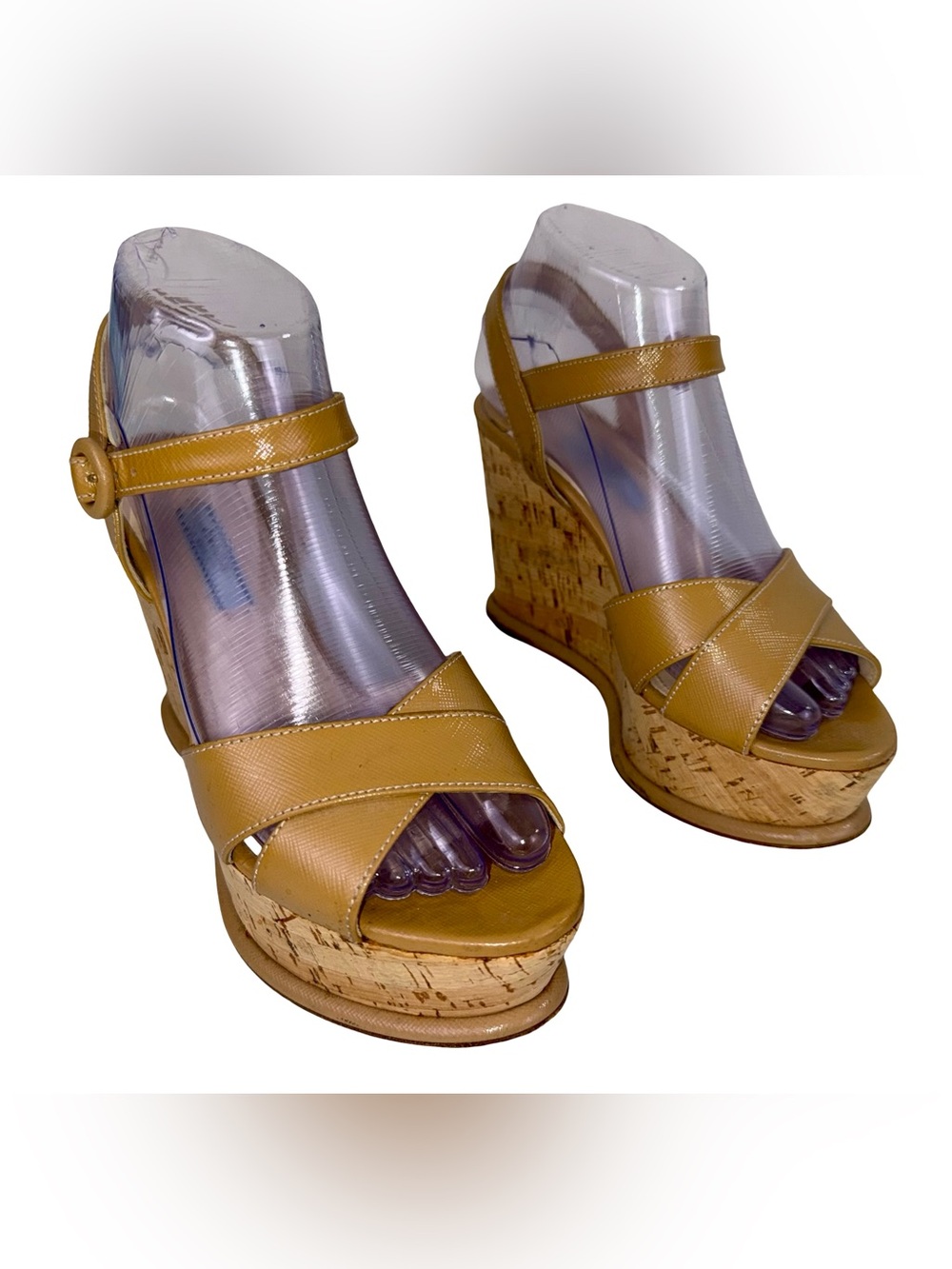 PRADA BEIGE PATENT LEATHER PLATFORM WEDGE SANDALS